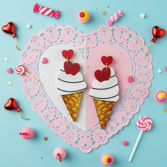 🆕️ Adorable Ice Cream Cone Drop Earrings with Glitter Hearts Fun & Trendy - Picture 7 of 16